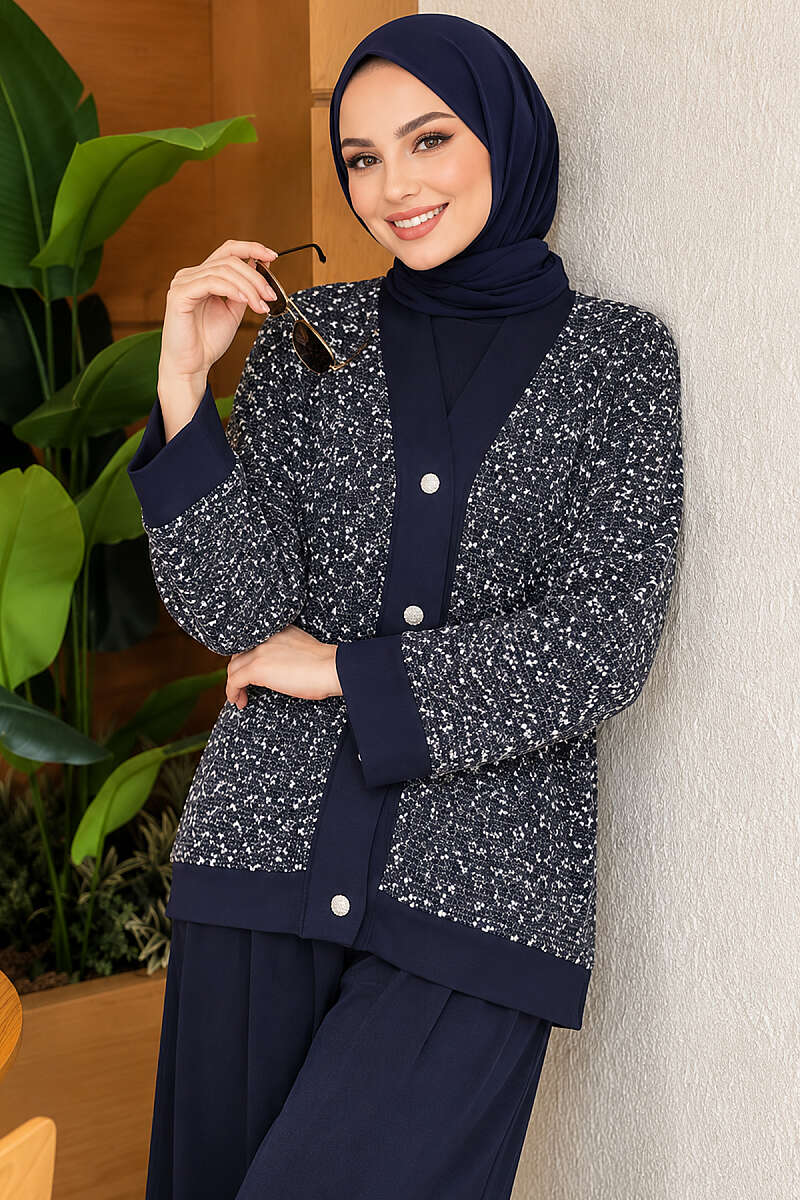 Buttoned Sequin Three-Piece Set - Navy