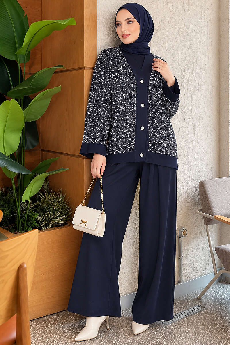 Buttoned Sequin Three-Piece Set - Navy