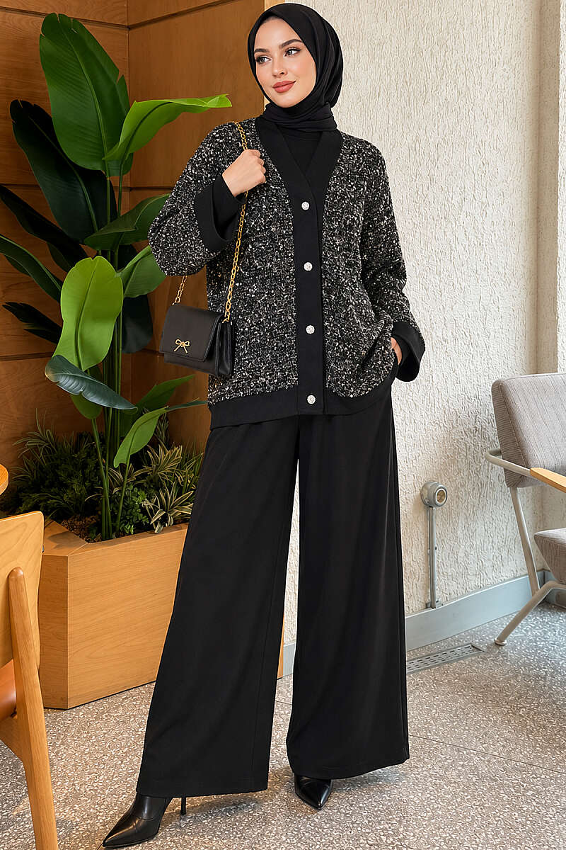 Buttoned Sequin Three-Piece Set - Black