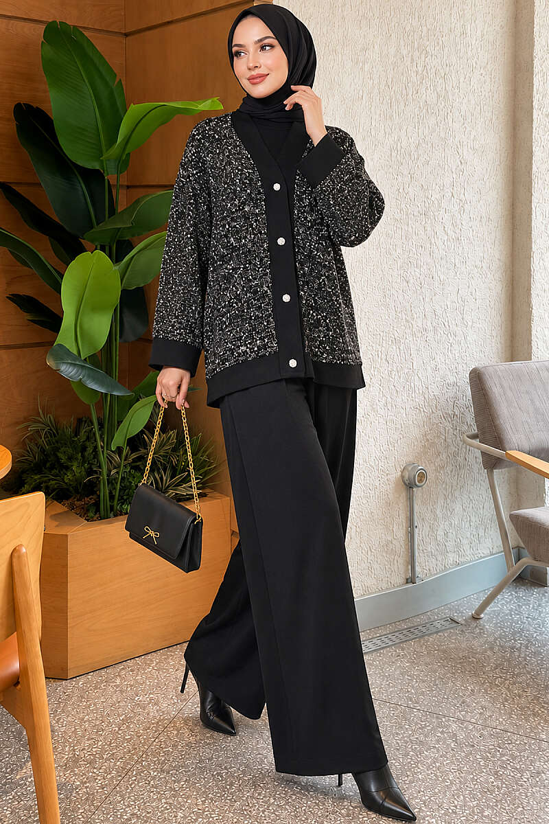 Buttoned Sequin Three-Piece Set - Black