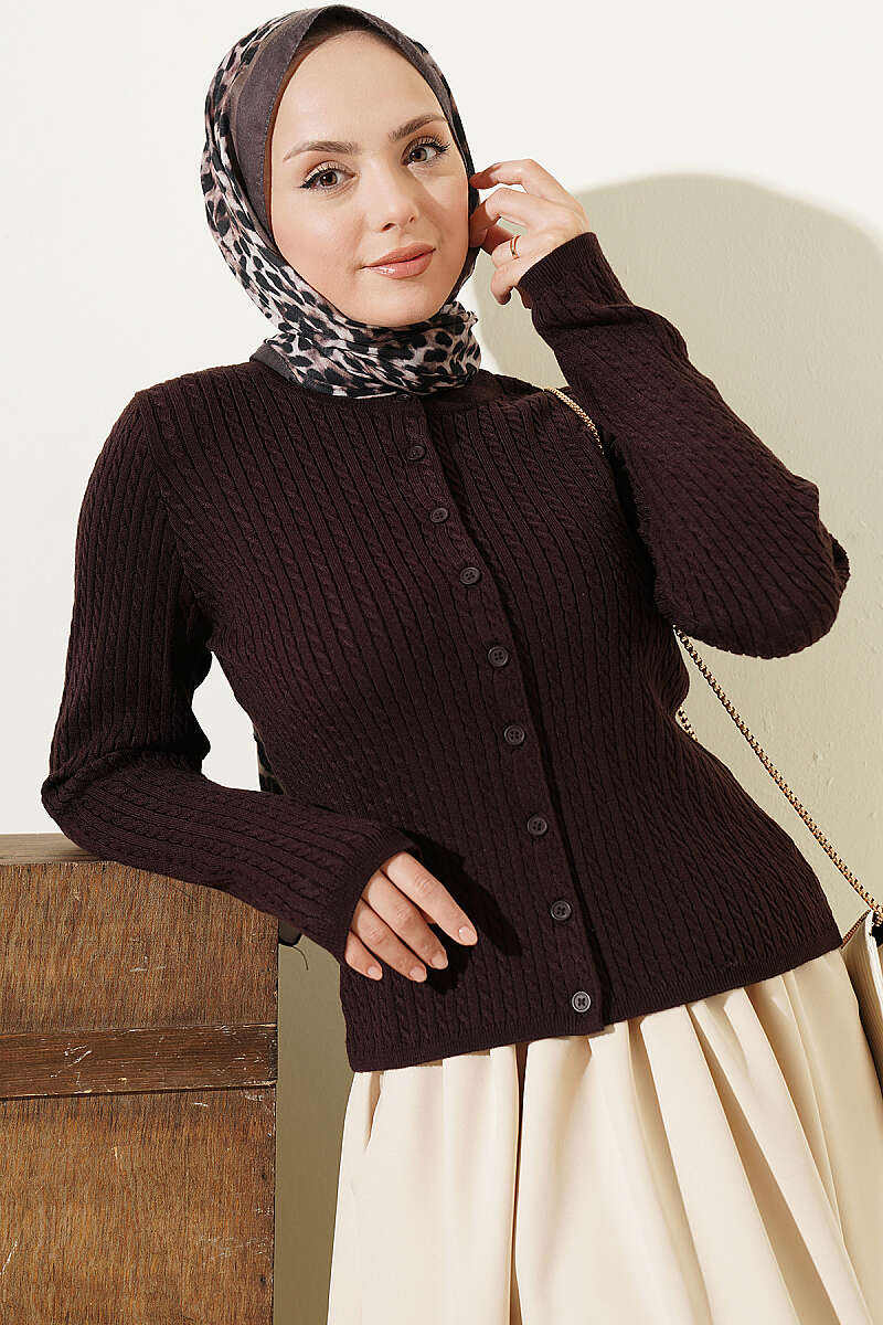 Cable-Knit Button Cardigan - Dark Brown