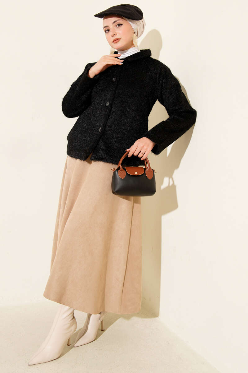 Short Fluffy Button Jacket - Black