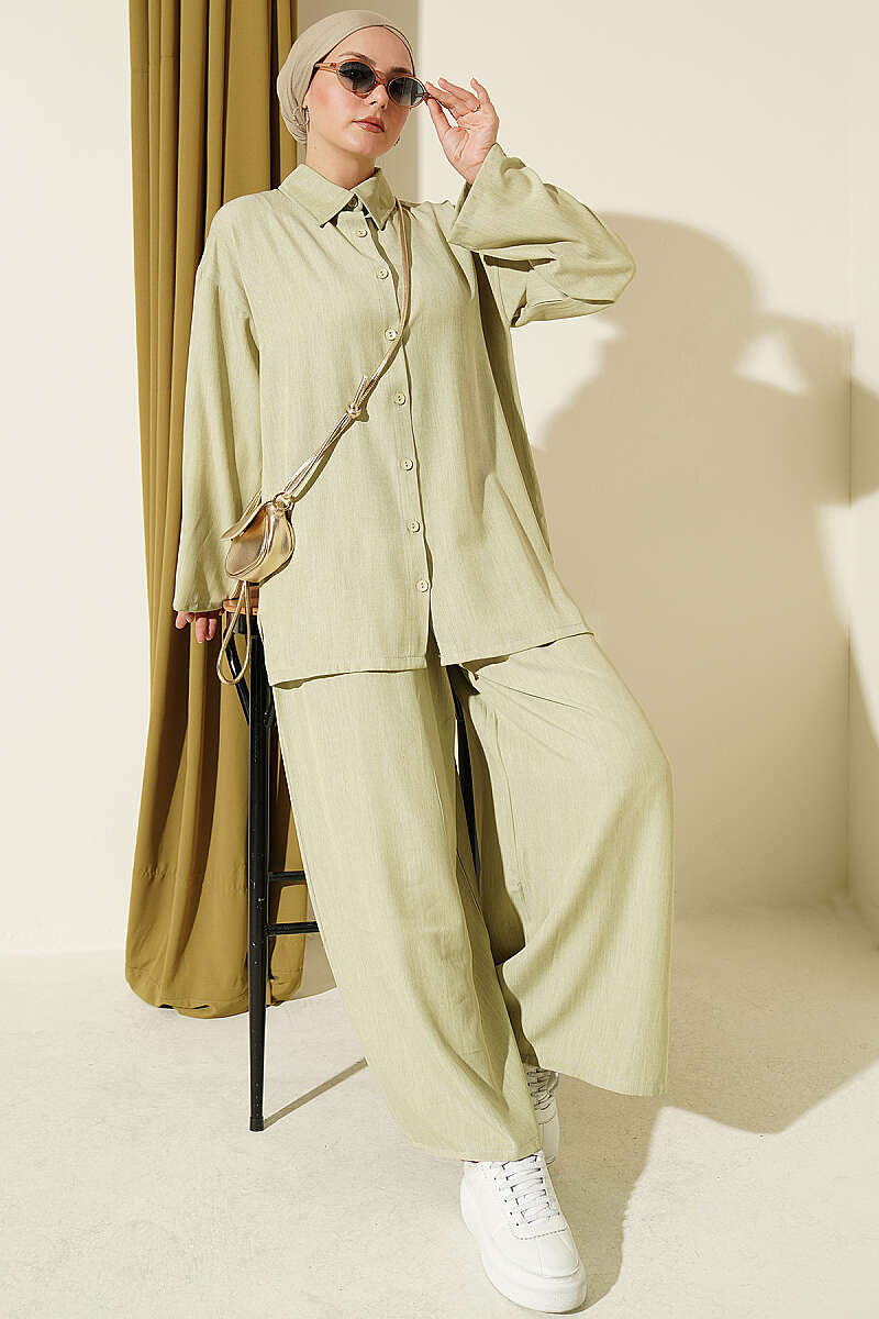 Loose Button Two-Piece Set - Almond Green