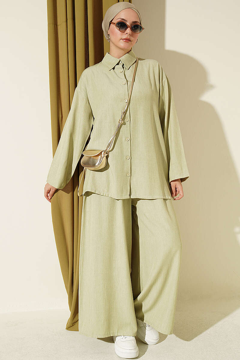 Loose Button Two-Piece Set - Almond Green