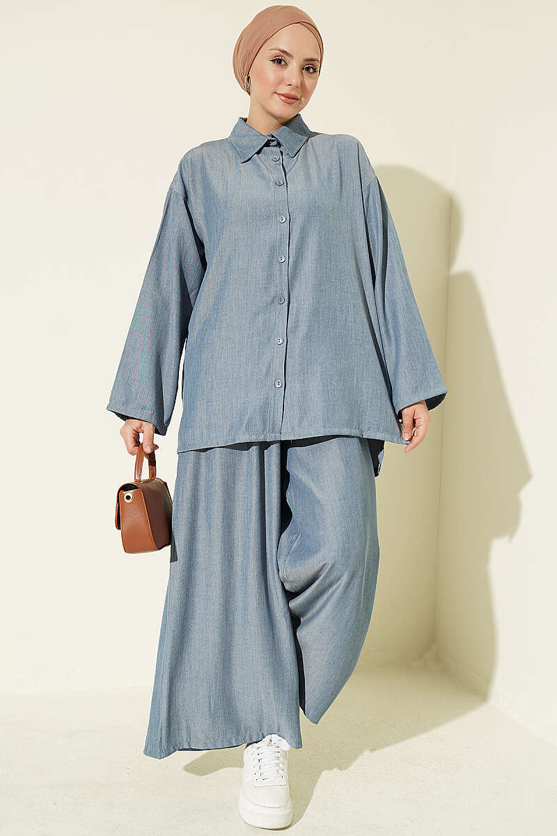 Loose Button Two-Piece Set - Indigo