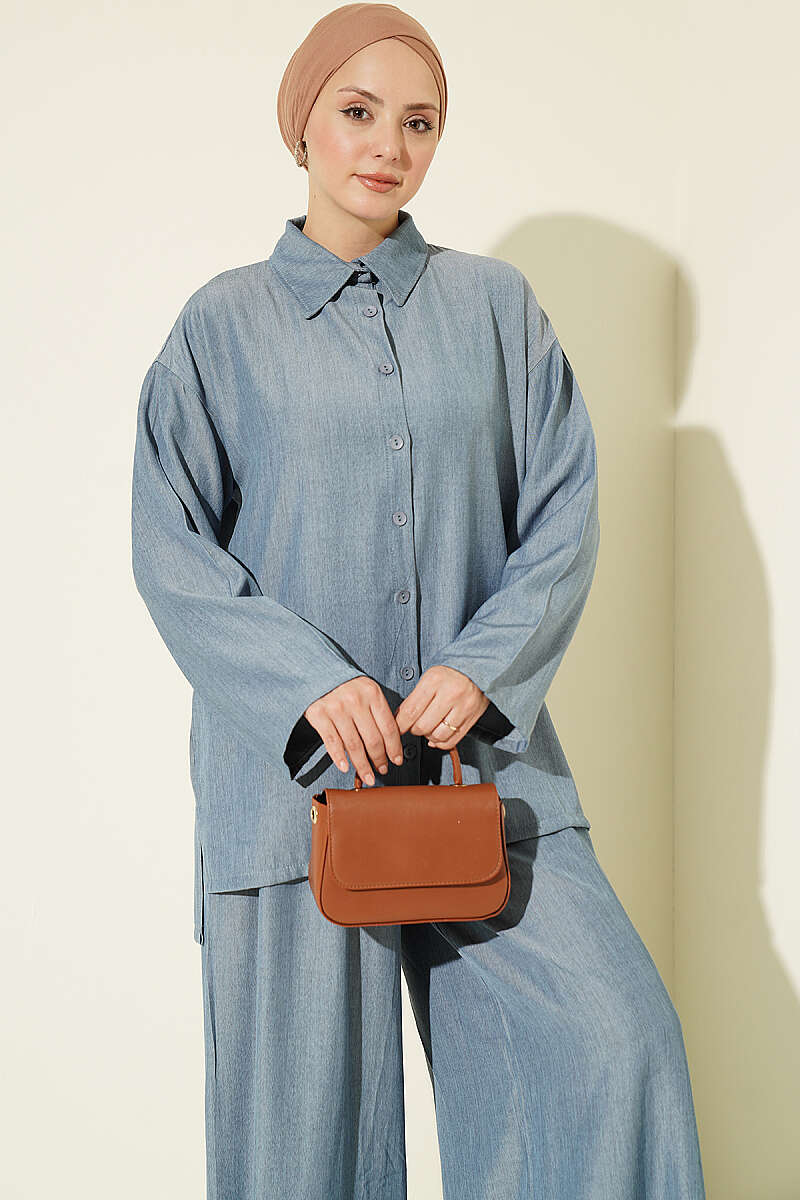 Loose Button Two-Piece Set - Indigo