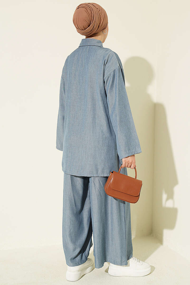 Loose Button Two-Piece Set - Indigo