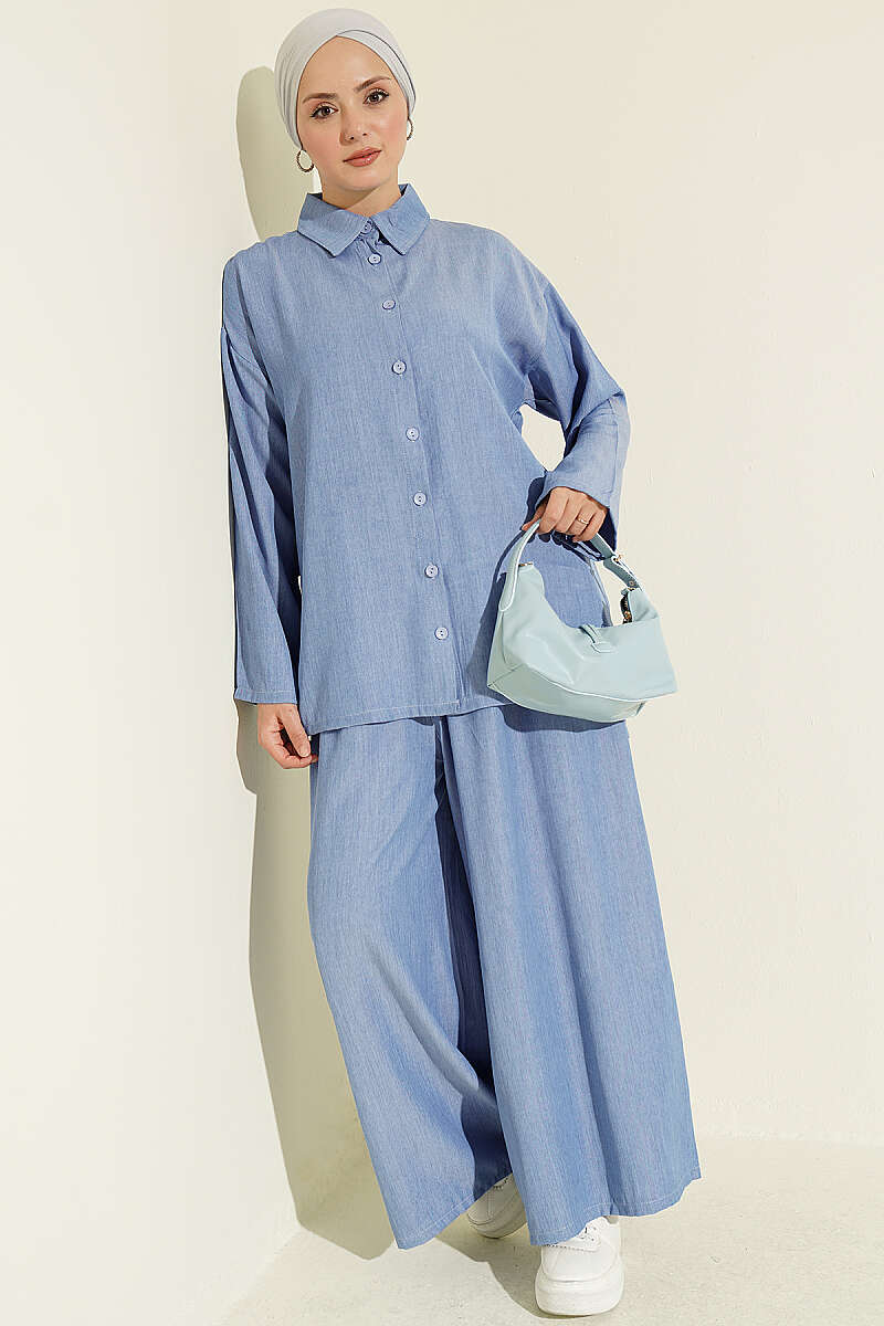 Loose Button Two-Piece Set - Blue