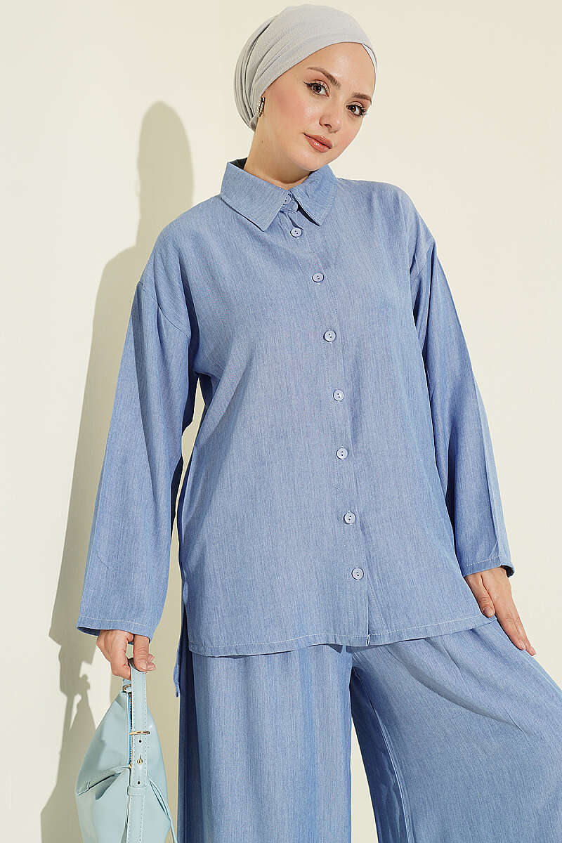 Loose Button Two-Piece Set - Blue
