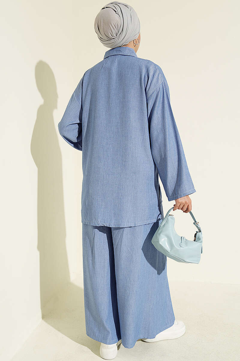 Loose Button Two-Piece Set - Blue
