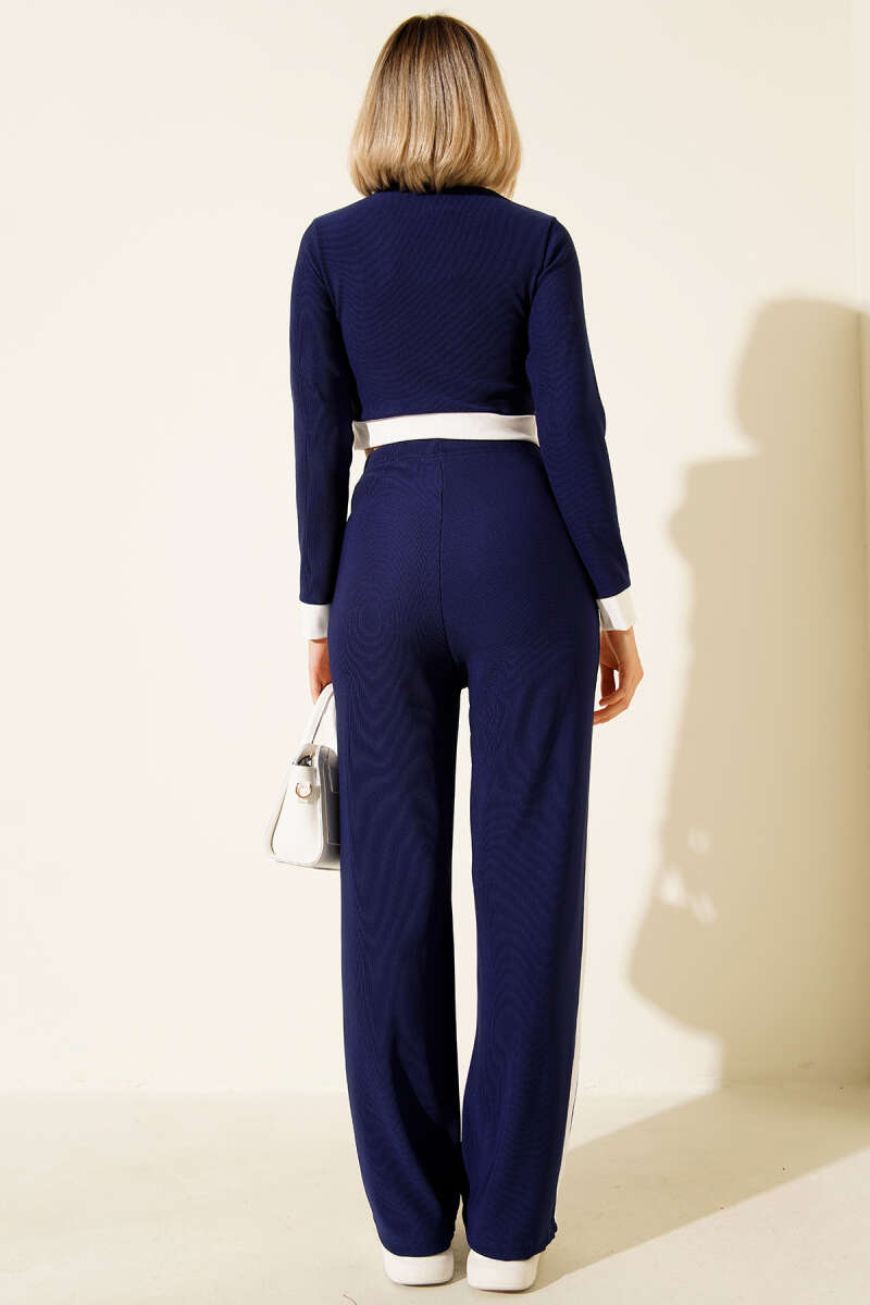Button Crop Two-Piece Set with Stripe Trim - Navy