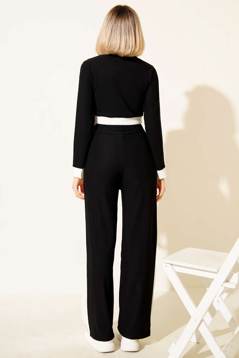 Button Crop Two-Piece Set with Stripe Trim - Black