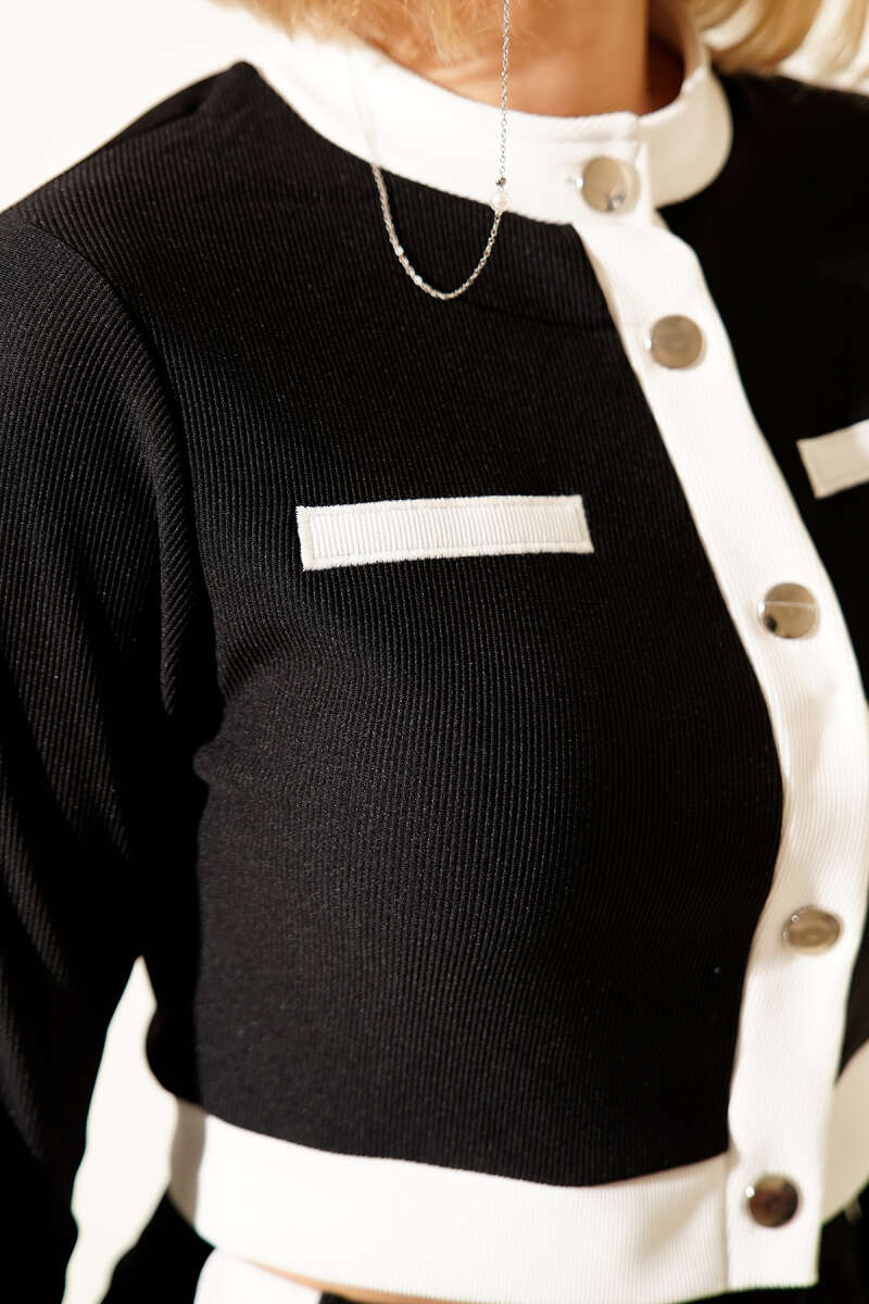 Button Crop Two-Piece Set with Stripe Trim - Black