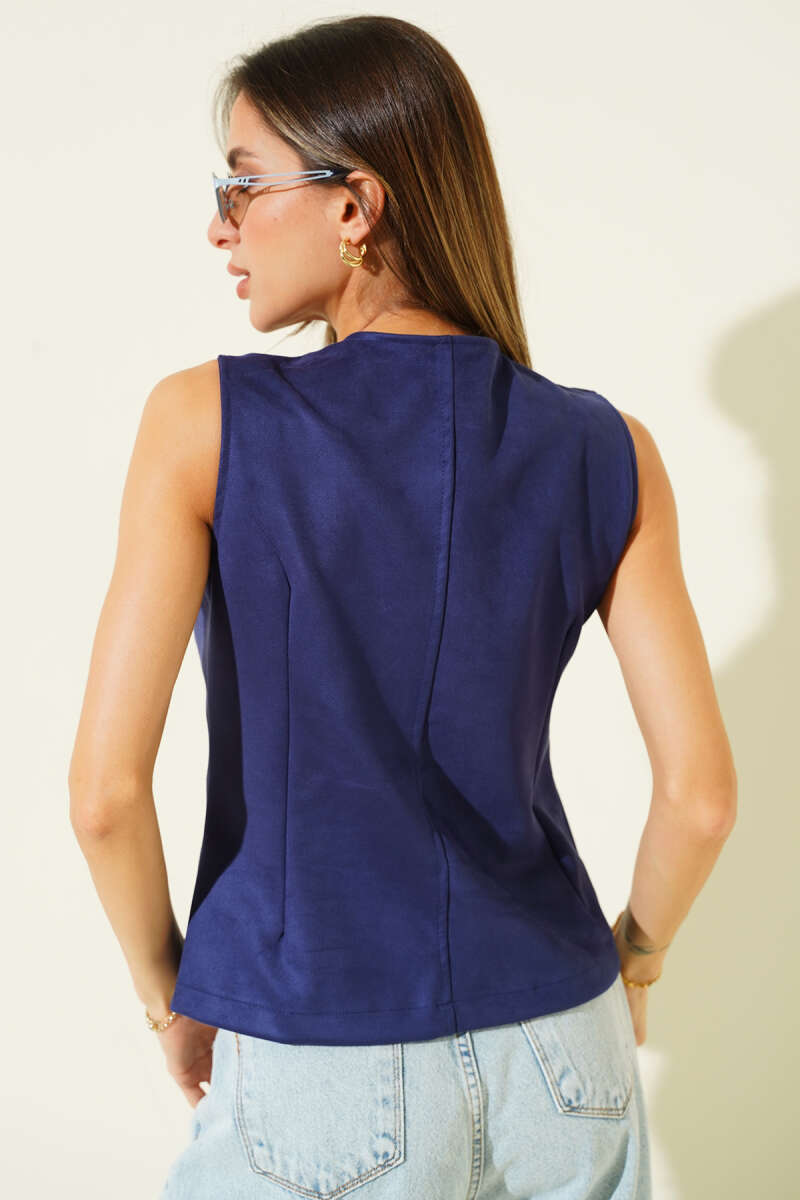 Button Suede Vest - Navy
