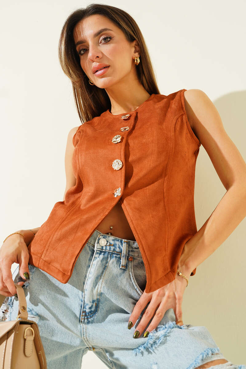 Button Suede Vest - Tan