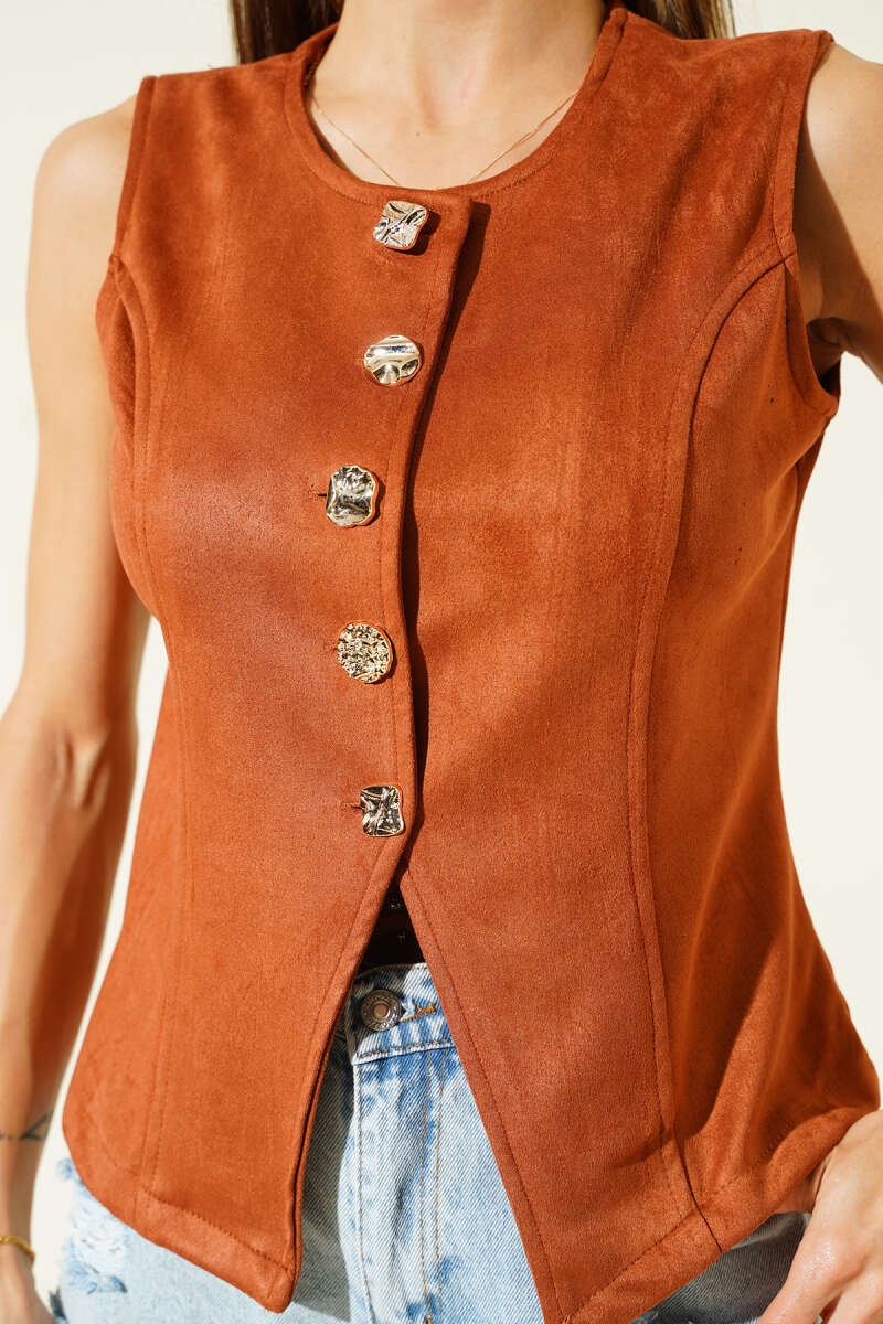Button Suede Vest - Tan