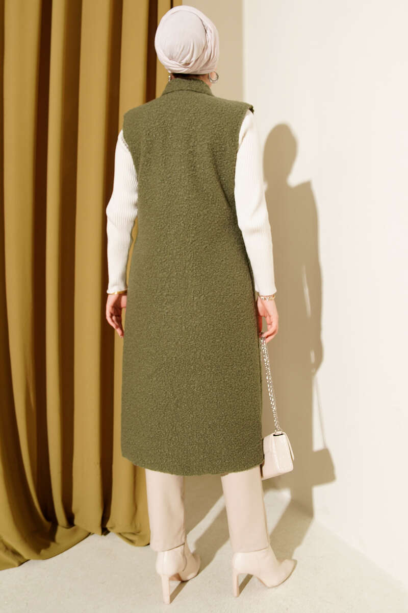 Long Bouclé Button Vest - Khaki