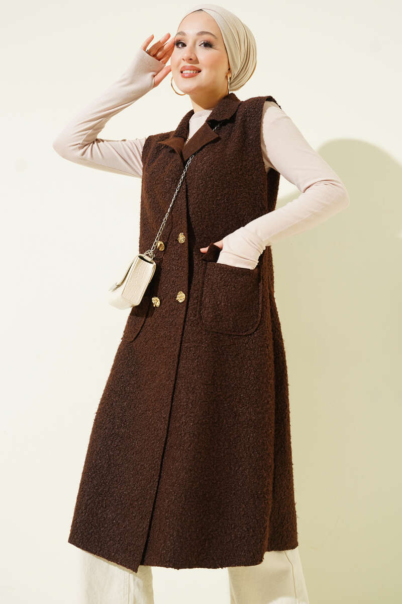 Long Bouclé Button Vest - Brown