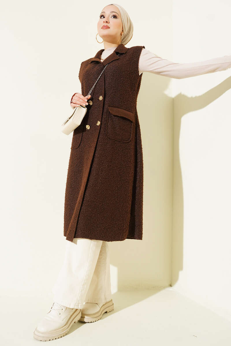 Long Bouclé Button Vest - Brown
