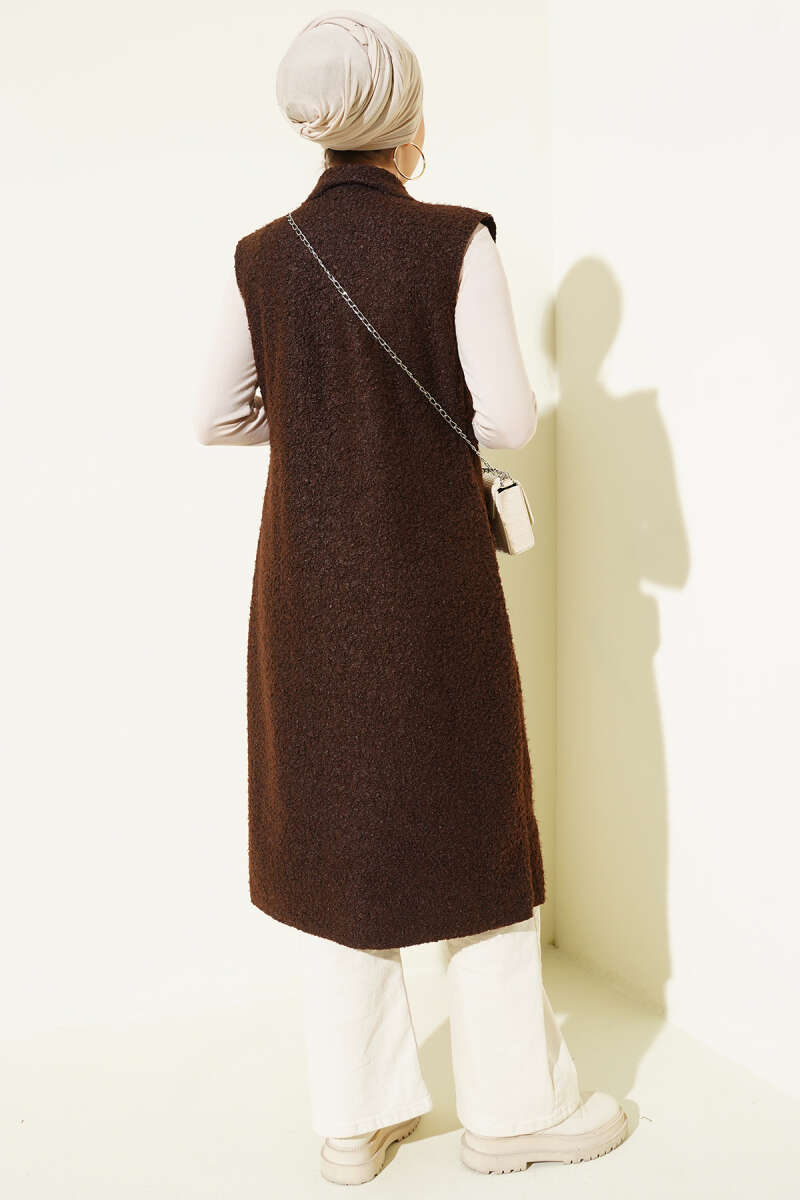 Long Bouclé Button Vest - Brown
