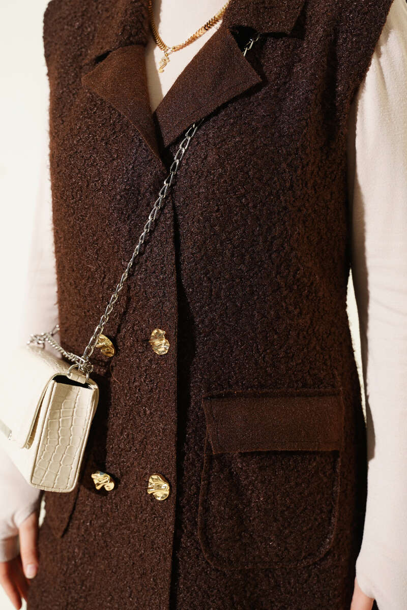 Long Bouclé Button Vest - Brown