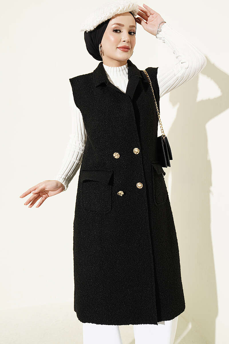 Long Bouclé Button Vest - Black