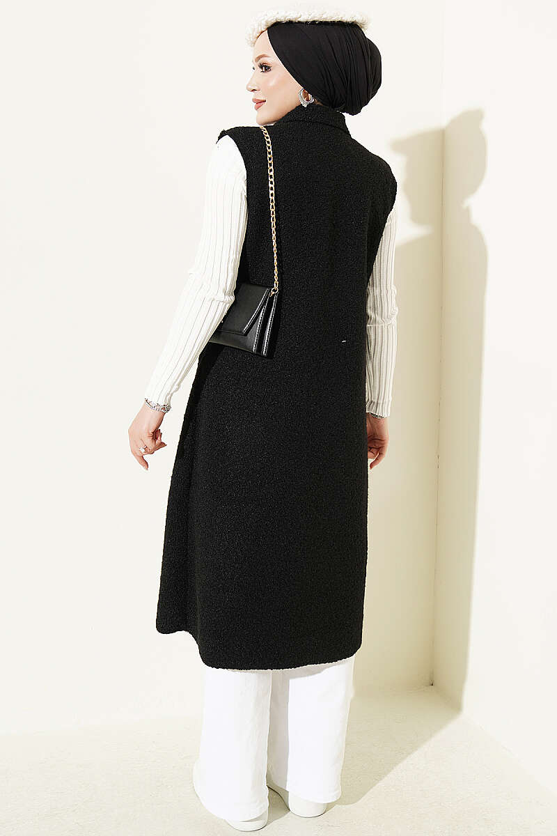 Long Bouclé Button Vest - Black