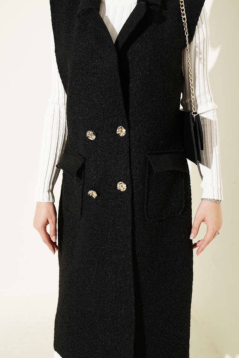 Long Bouclé Button Vest - Black