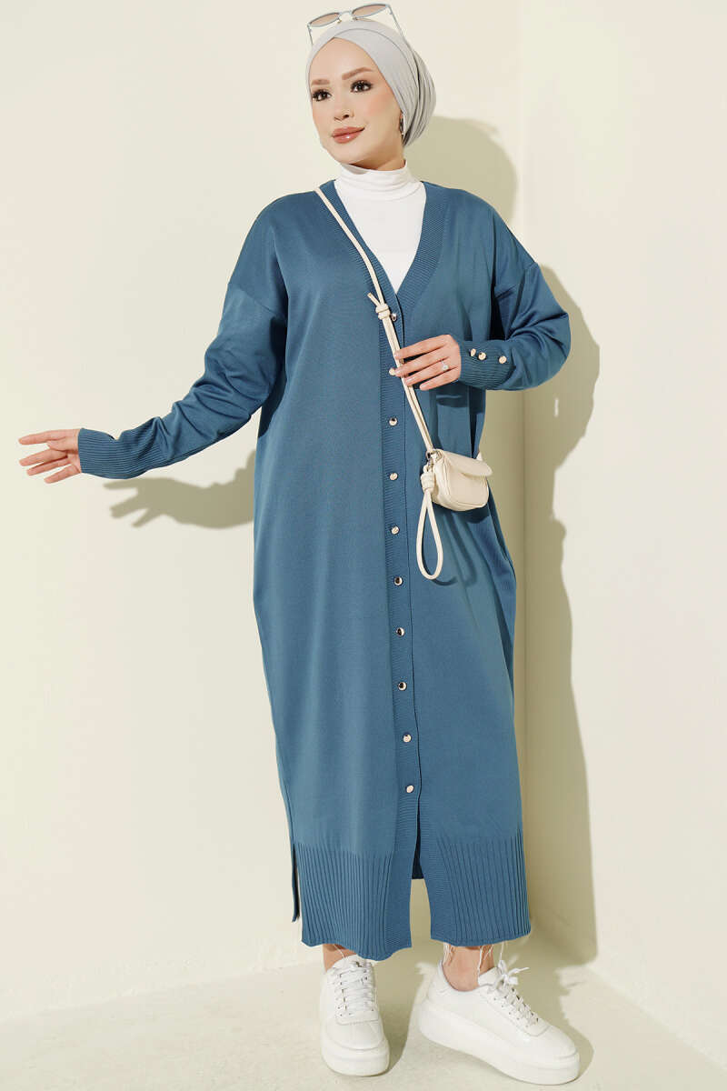 Long Mercerised Button Cardigan - Indigo
