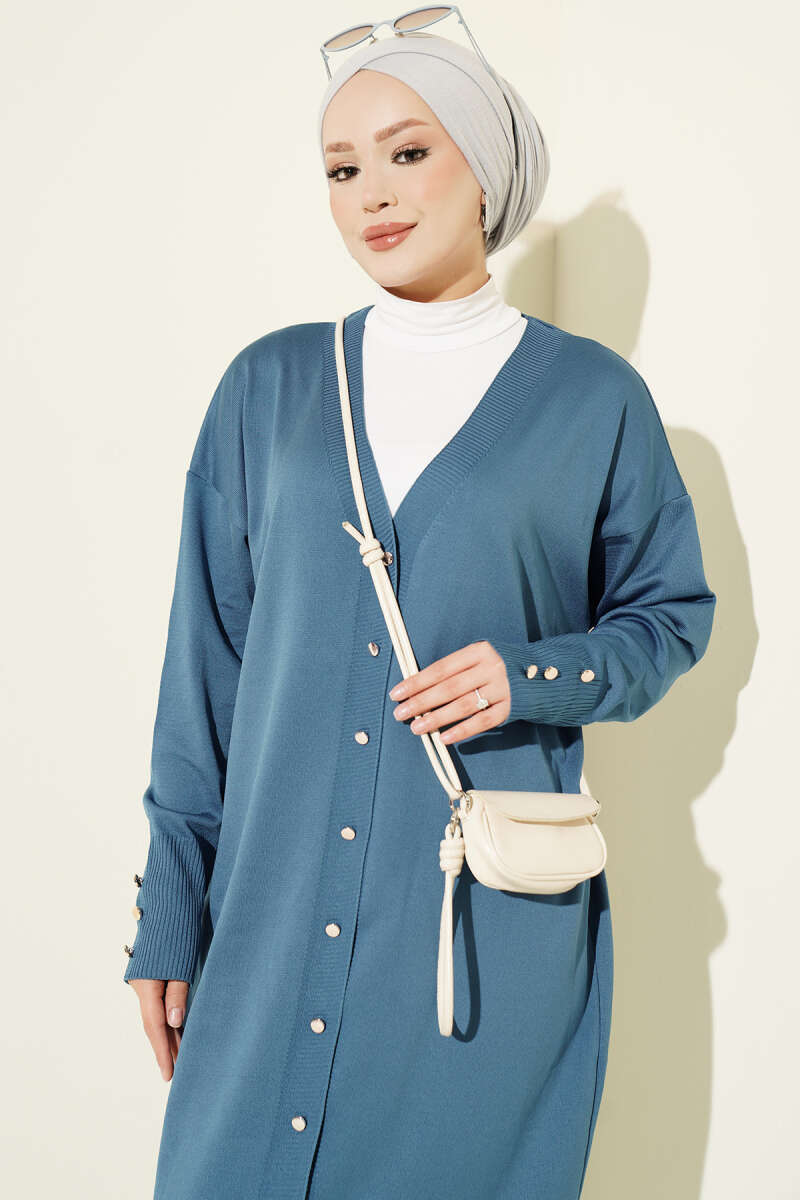 Long Mercerised Button Cardigan - Indigo