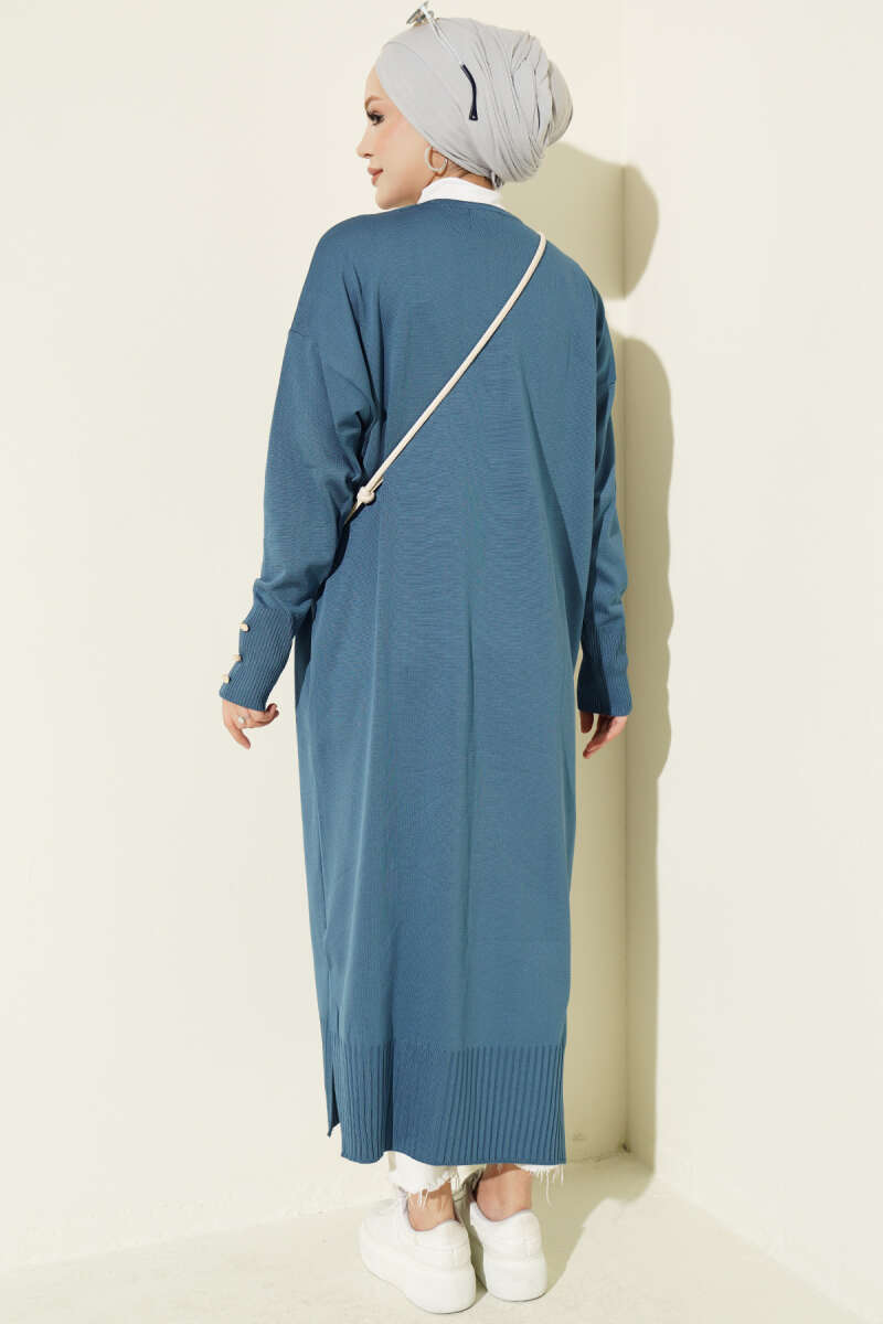 Long Mercerised Button Cardigan - Indigo