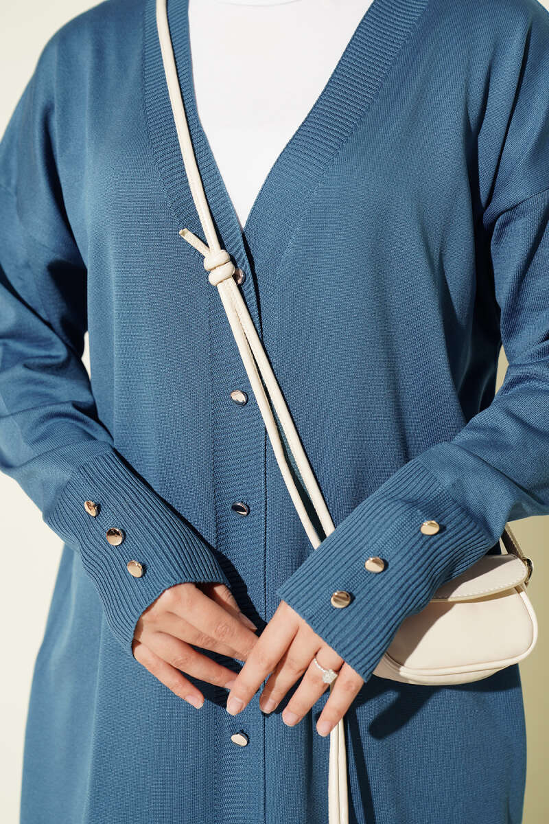 Long Mercerised Button Cardigan - Indigo
