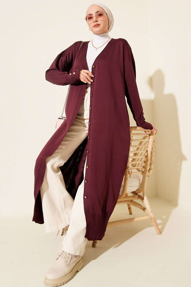 Long Mercerised Button Cardigan - Plum