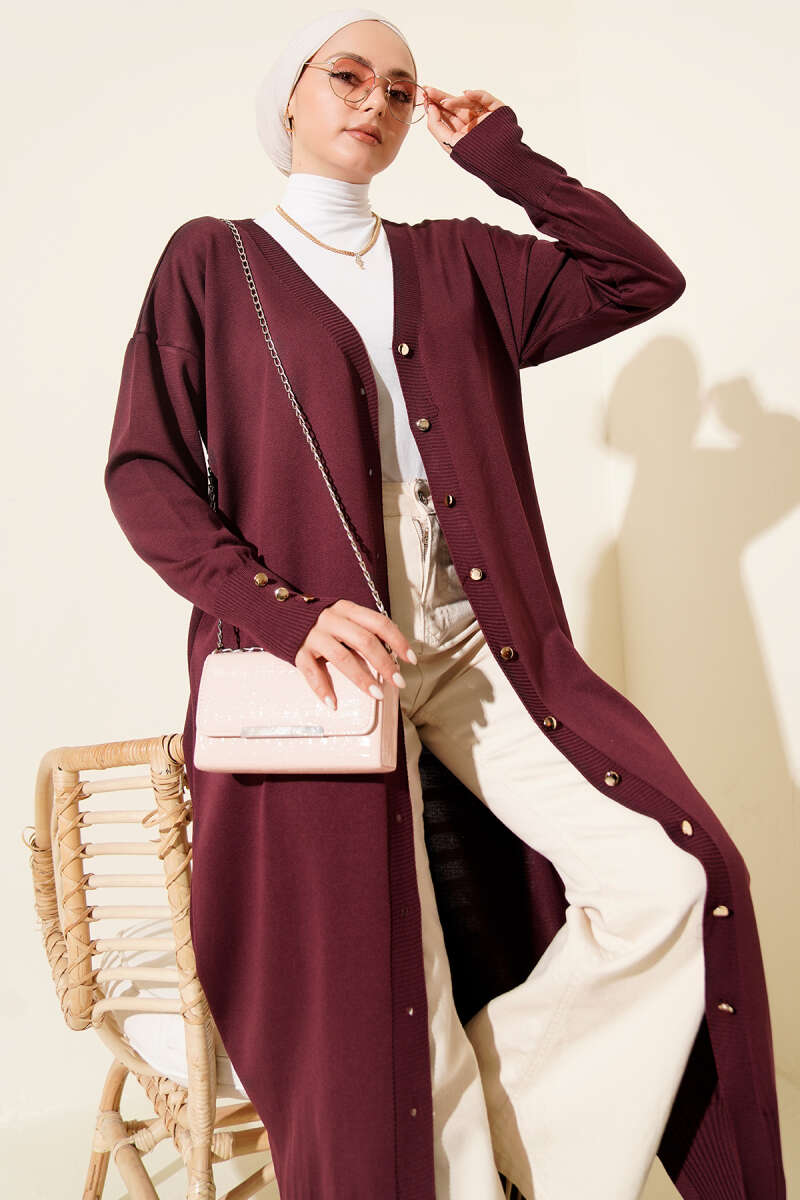 Long Mercerised Button Cardigan - Plum