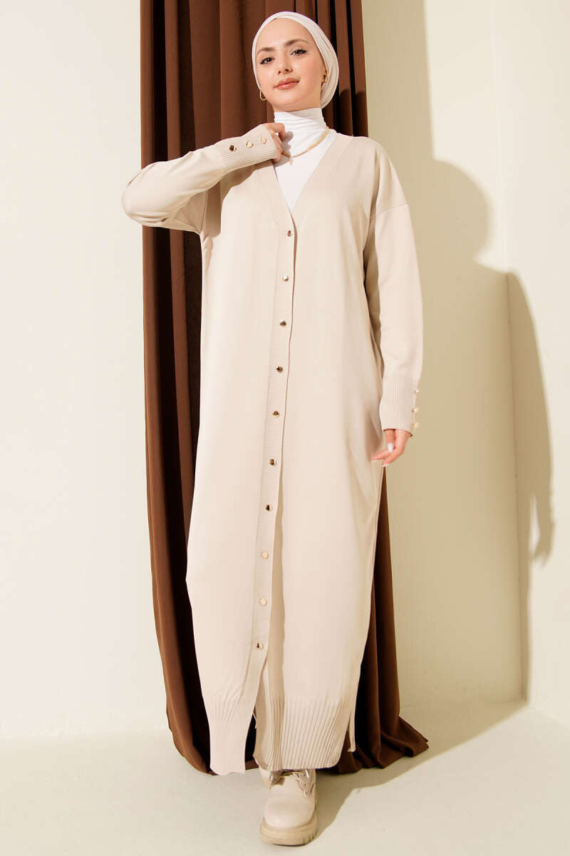 Long Mercerised Button Cardigan - Stone
