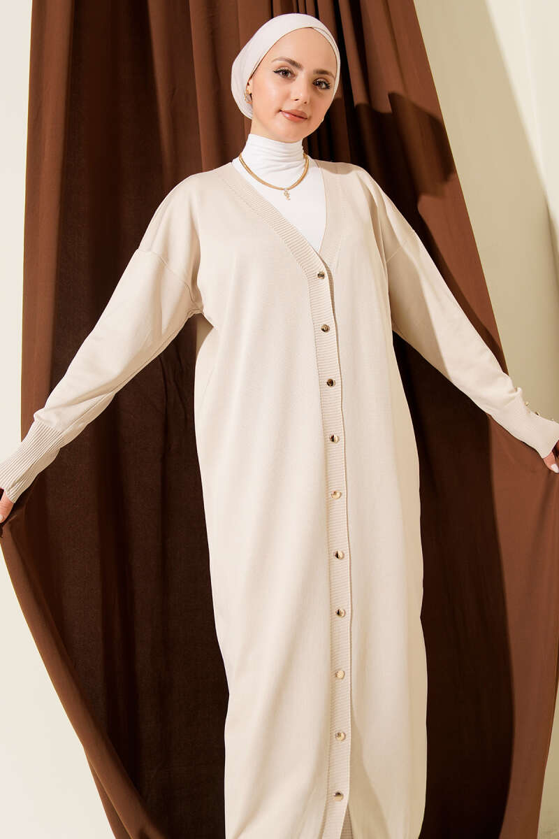 Long Mercerised Button Cardigan - Stone