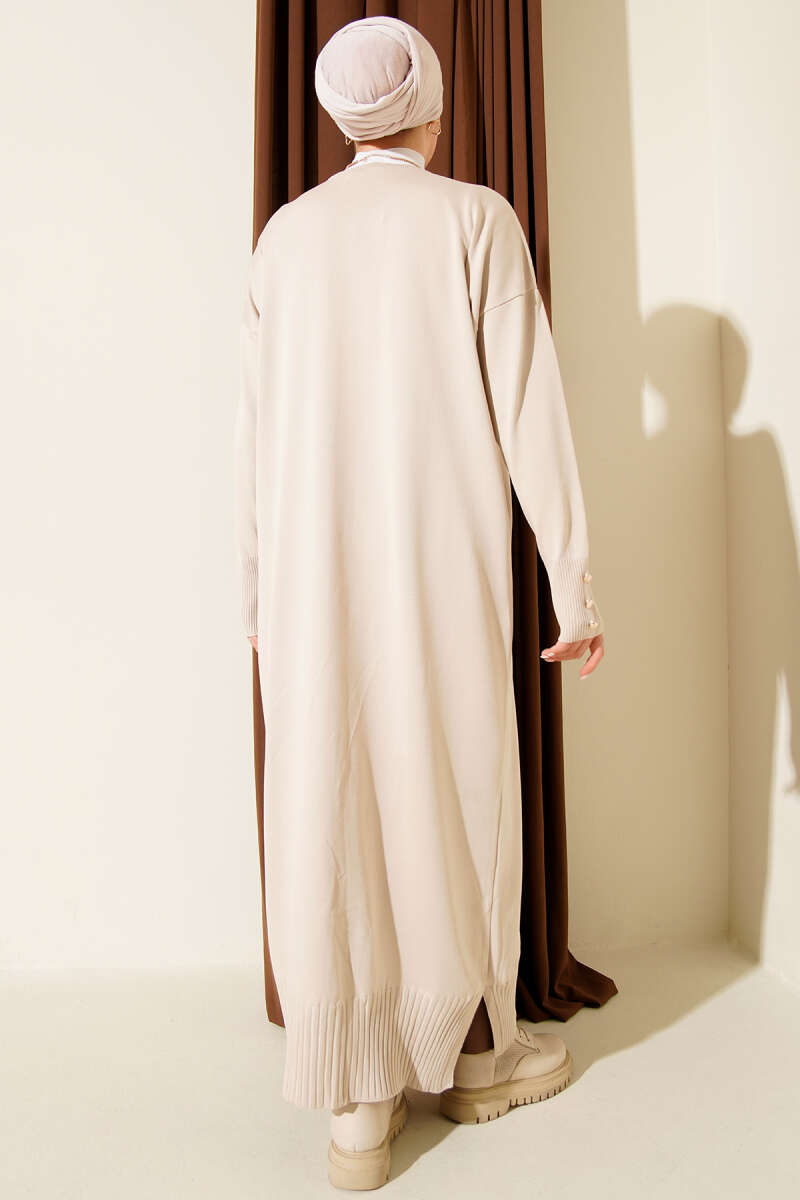 Long Mercerised Button Cardigan - Stone