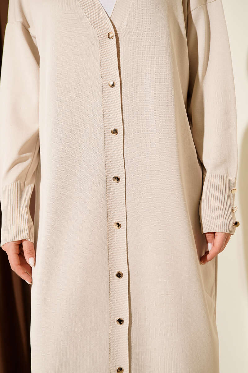 Long Mercerised Button Cardigan - Stone