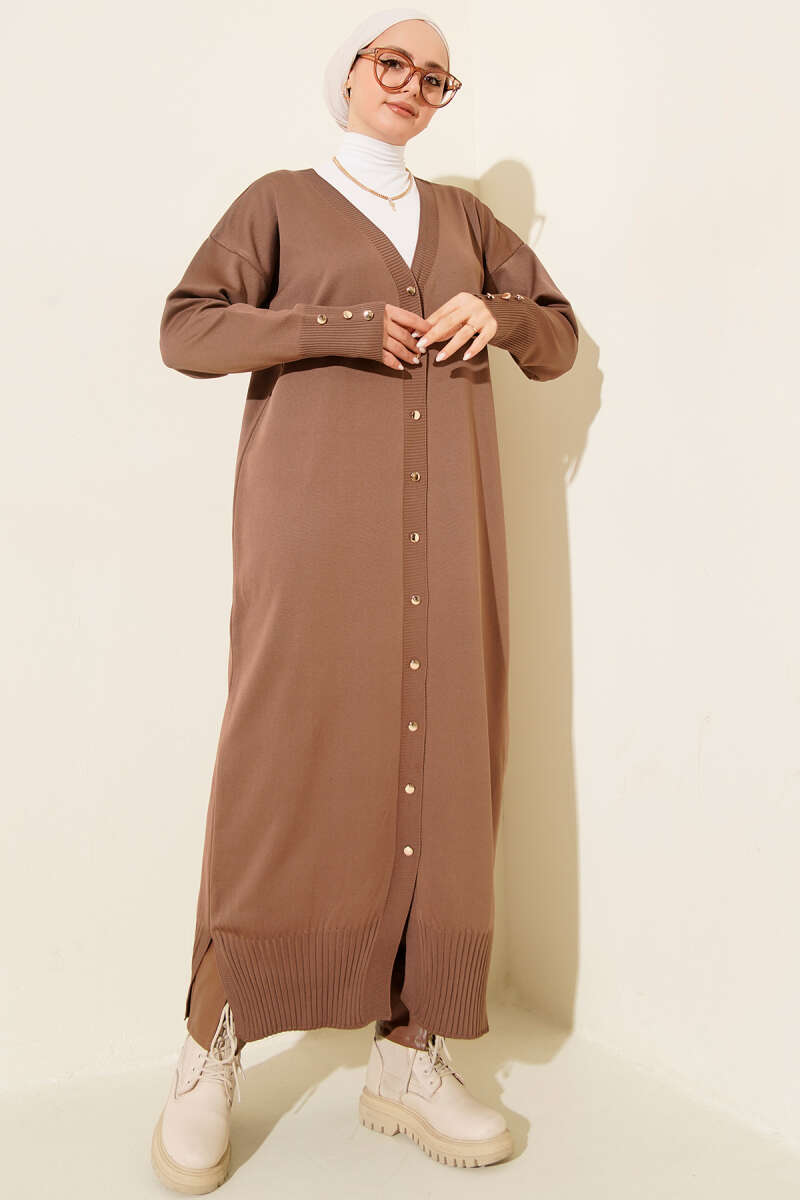 Long Mercerised Button Cardigan - Mink