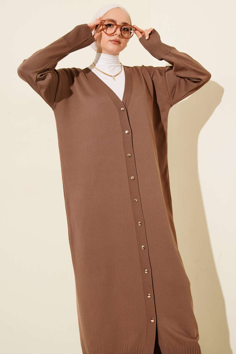 Long Mercerised Button Cardigan - Mink
