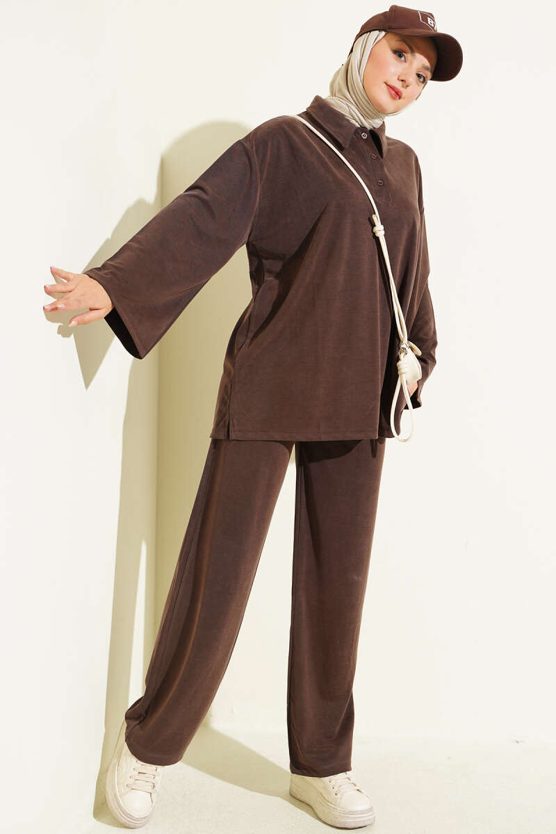 Tencel Two-Piece Set with Button Collar - Brown