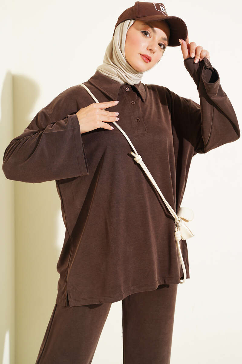 Tencel Two-Piece Set with Button Collar - Brown