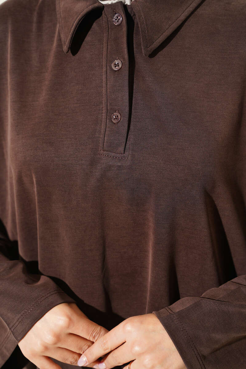 Tencel Two-Piece Set with Button Collar - Brown