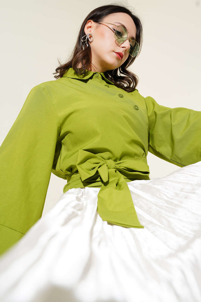 Short Button Shirt with Side Tie - Pistachio
