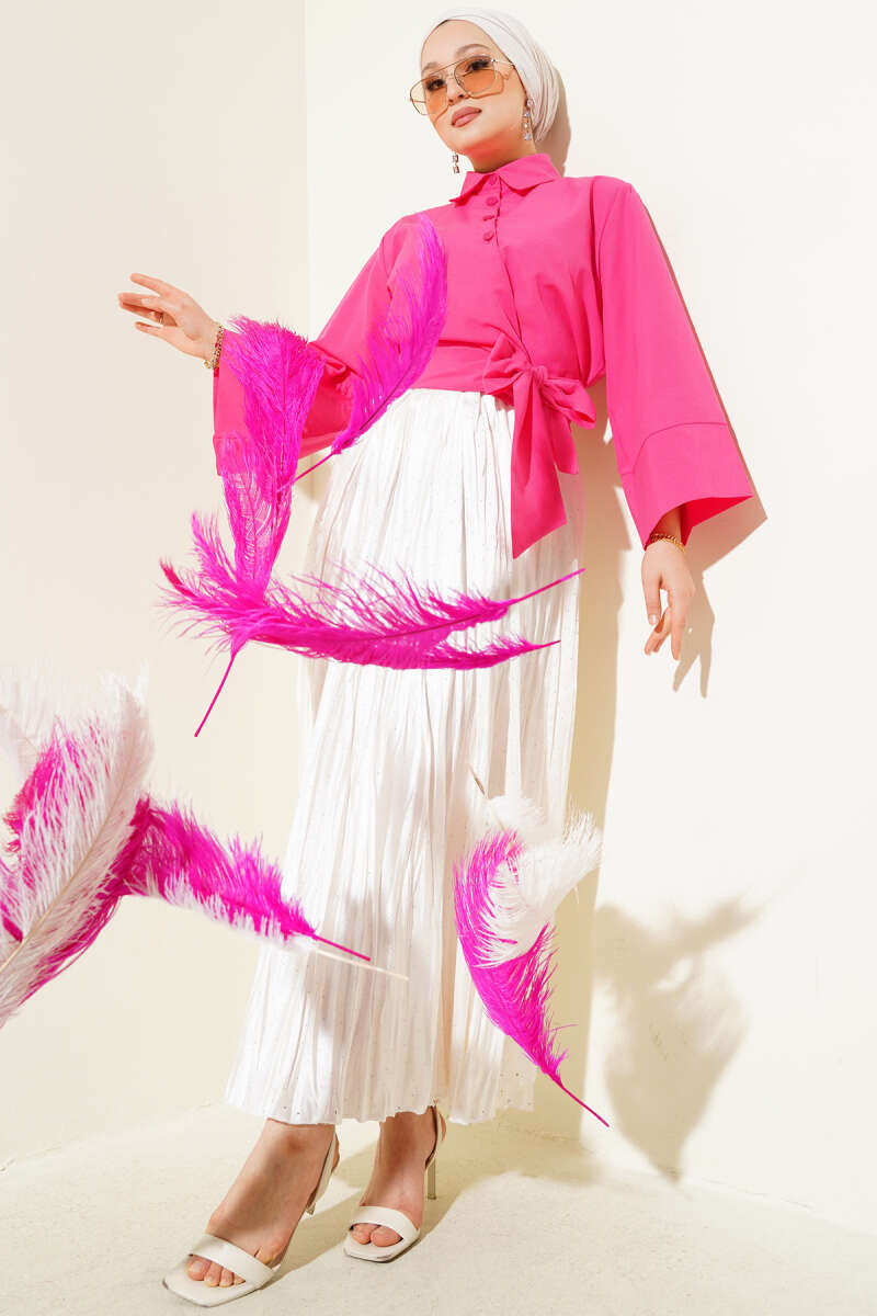 Short Button Shirt with Side Tie - Fuchsia