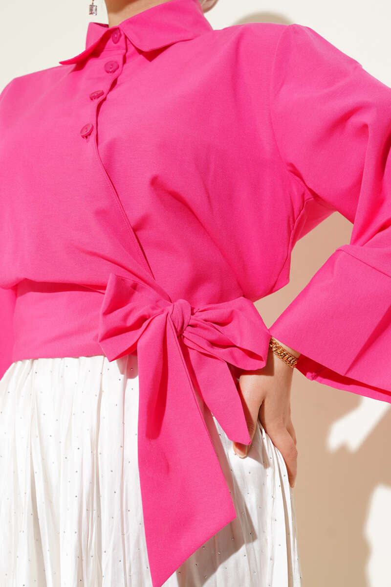 Short Button Shirt with Side Tie - Fuchsia