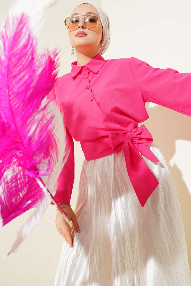 Short Button Shirt with Side Tie - Fuchsia