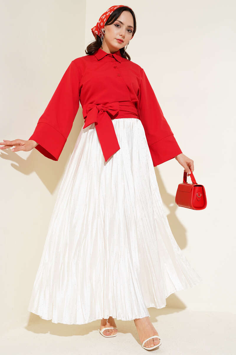 Short Button Shirt with Side Tie - Red