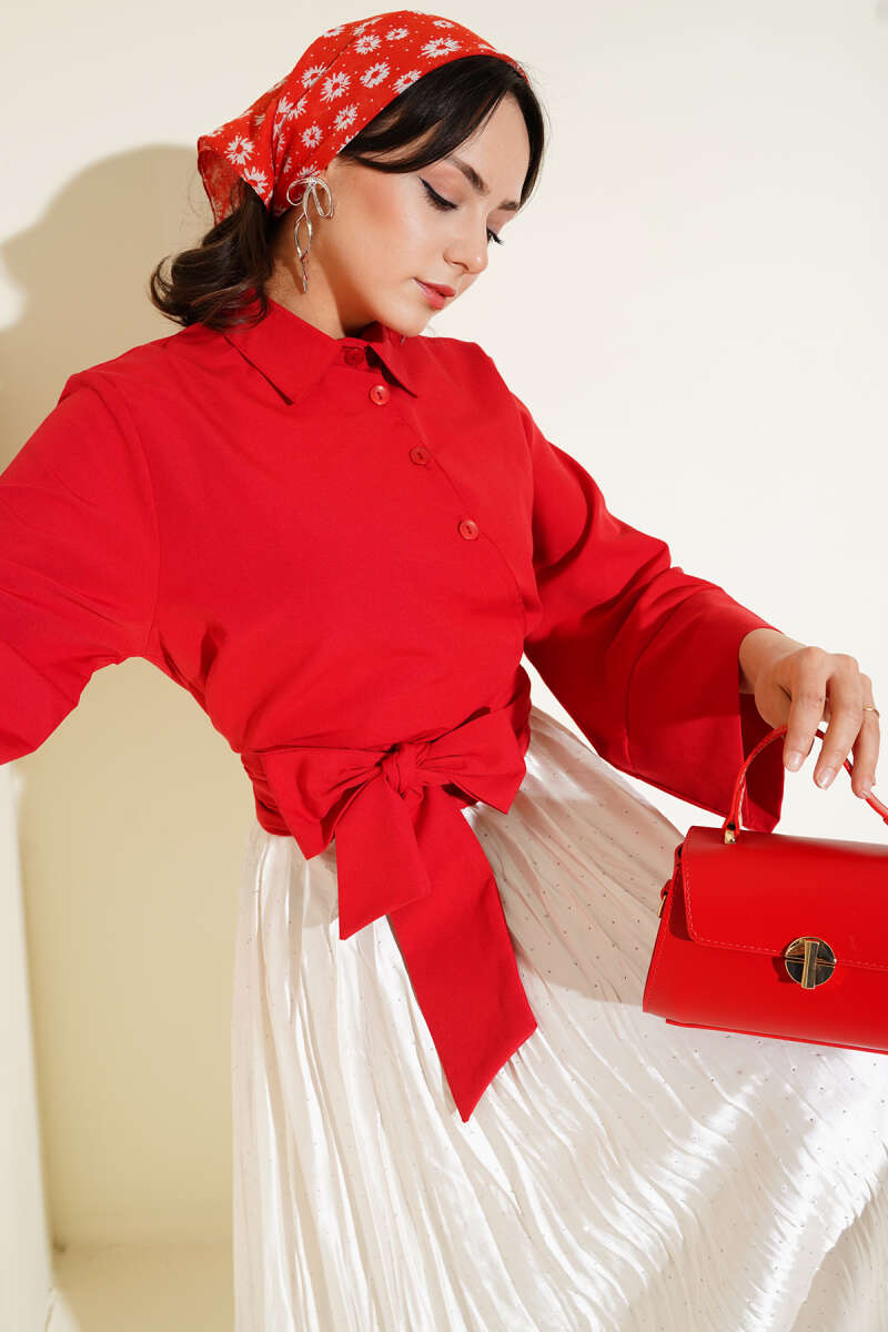 Short Button Shirt with Side Tie - Red