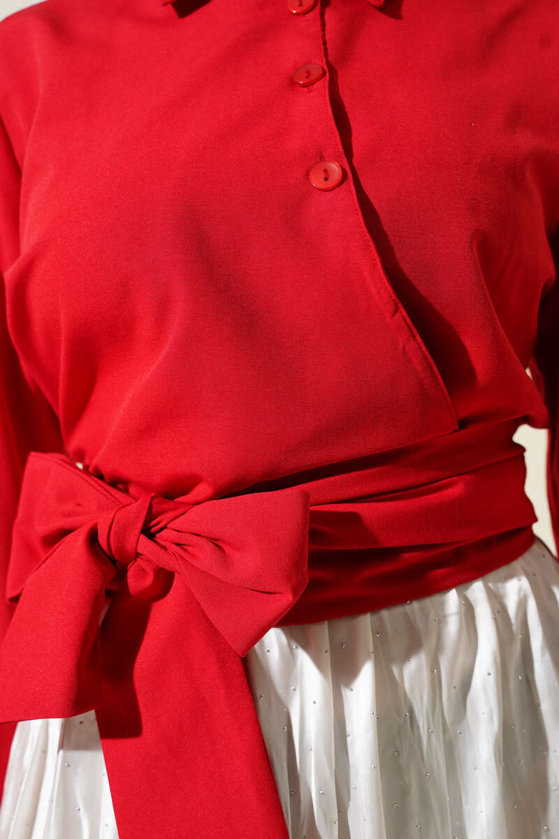 Short Button Shirt with Side Tie - Red